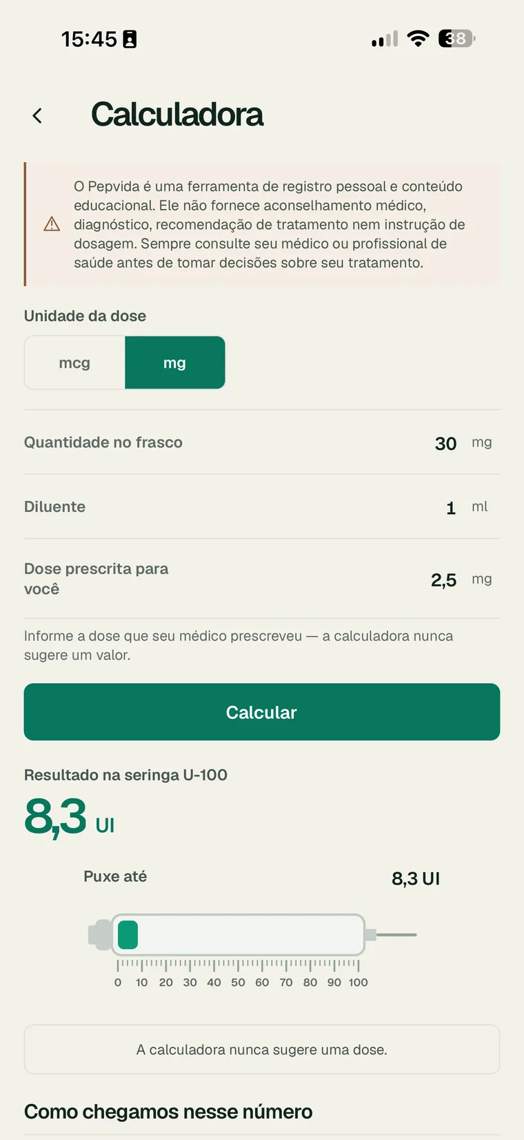 Calculadora Pepvida mostrando a conversão completa até 8,3 unidades