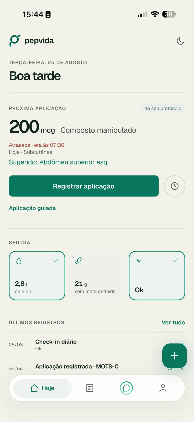 Tela Hoje do Pepvida, com as aplicações do dia organizadas em uma linha do tempo