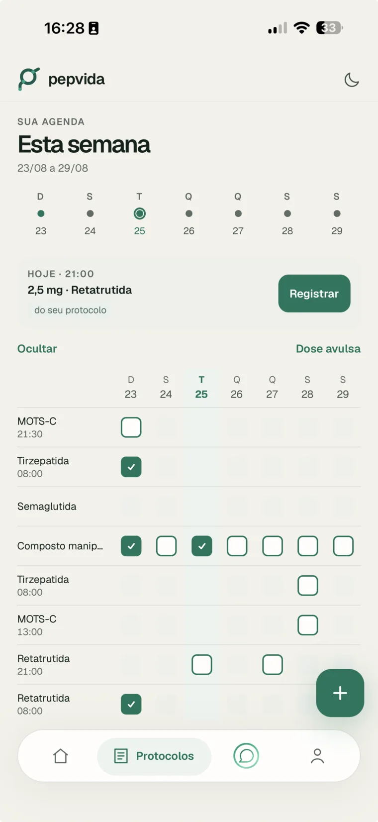 Agenda semanal do Pepvida com as doses da semana marcadas dia a dia